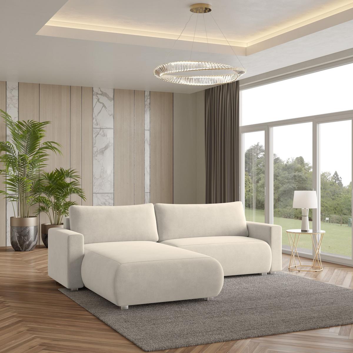 ECKSOFA TURIN M Creme Velours-Stoff mit Schlaffunktion - Creme/Grau, Holz/Kunststoff (265/183cm) - MASSENO