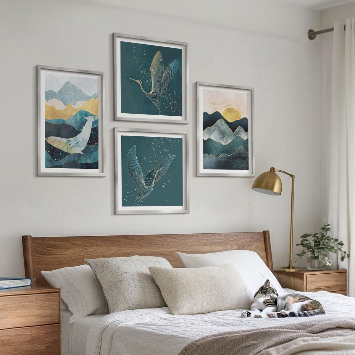 BILDER SET 4er Set - 50x50 cm & 40x60 cm Silberner Rahmen - Abstrakte Kranichberge - Silberfarben, Kunststoff (50/50cm) - TULUP