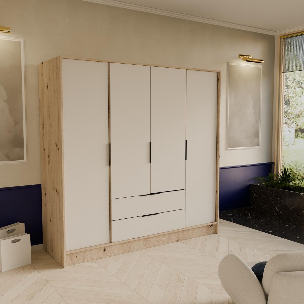 DREHTÜRENSCHRANK CAVA 200/200/51 cm Modern Kleiderschrank 4-türig Eiche Artisan - Weiß/Eiche Artisan, Holzwerkstoff (200/200/51cm) - MASSENO