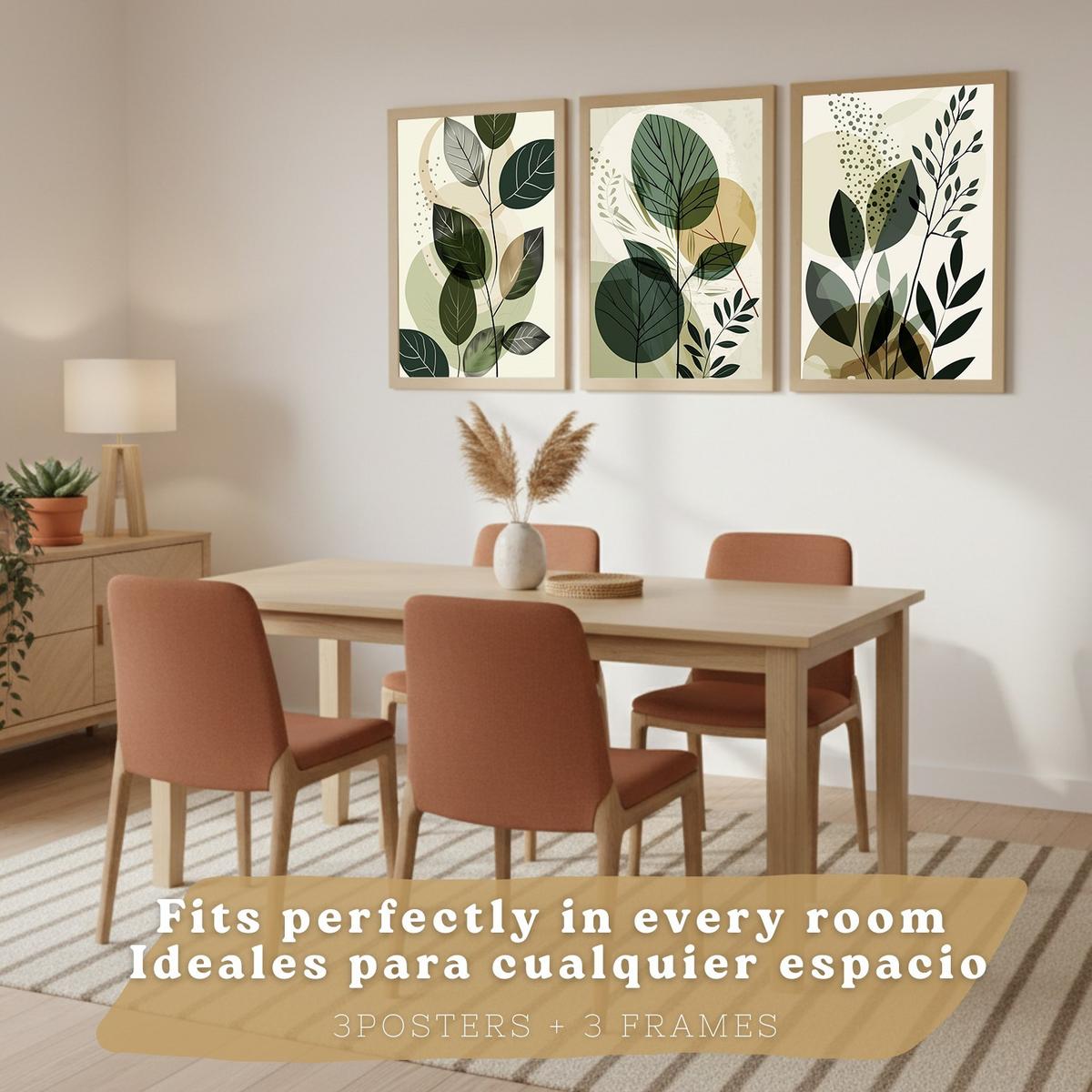 POSTER 3er Kunstdruck-Set Wandbilder Pflanzen Abstrakt modern Wohnzimmer Deko, Schlafzimmer, Küche, Badezimmer Leichter Holzrahmen A3 - Beige, Papier (29.7/1/42cm) - Nacnic