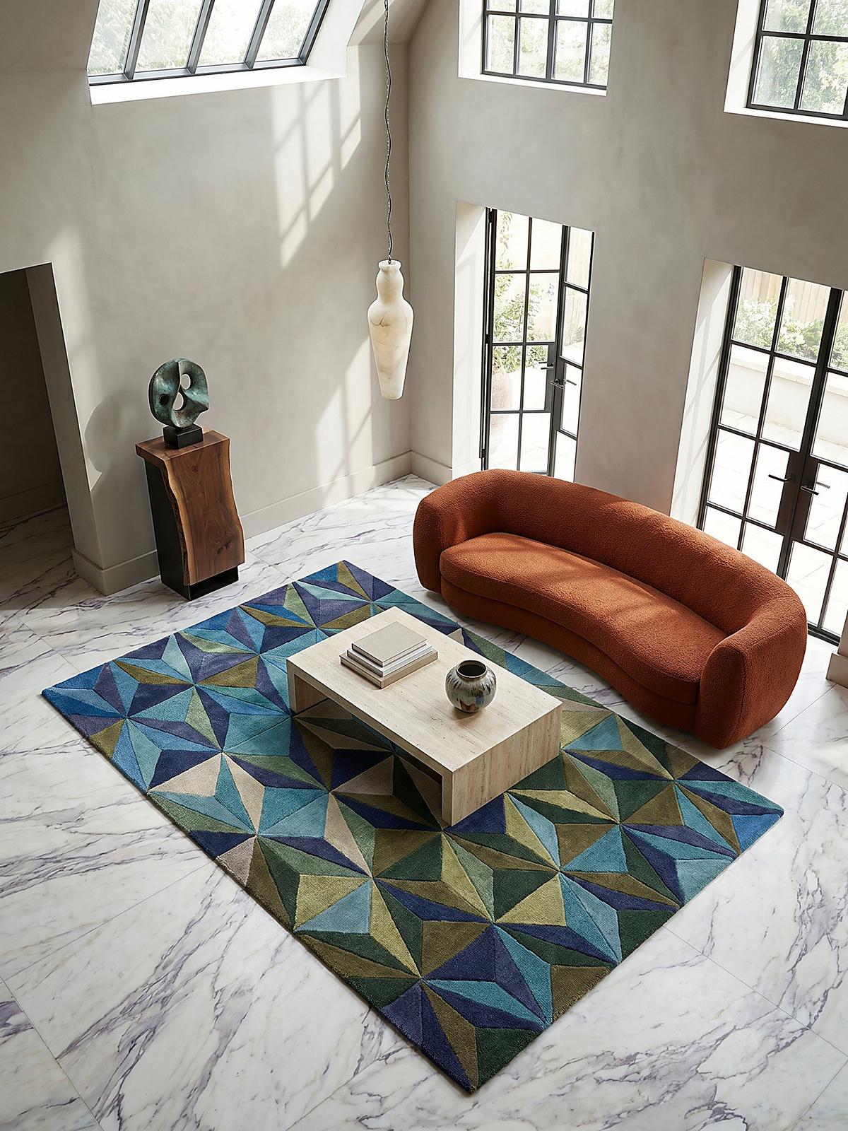 WOLLTEPPICH DERWENT, geometrisch, Florhöhe 10 mm, Blau-Grün, 160 x 230 cm - Blau, Textil (230/160cm) - KADIMA DESIGN