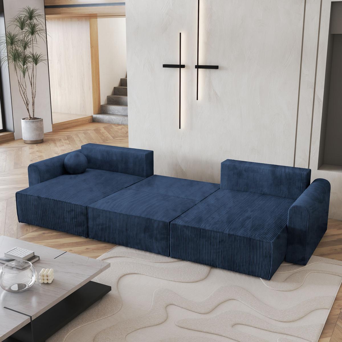 WOHNLANDSCHAFT FENTO P Blau Kordstoff mit Schlaffunktion - Blau/Grau, Holz/Kunststoff (347/90/148cm) - MASSENO