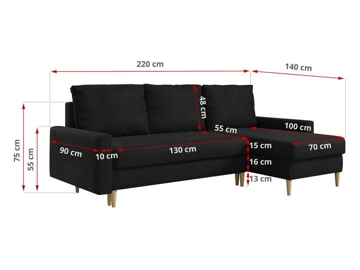 ECKSOFA Lang Velvet Schwarz - Schwarz/Braun, Holz/Textil (220/140cm) - MKS