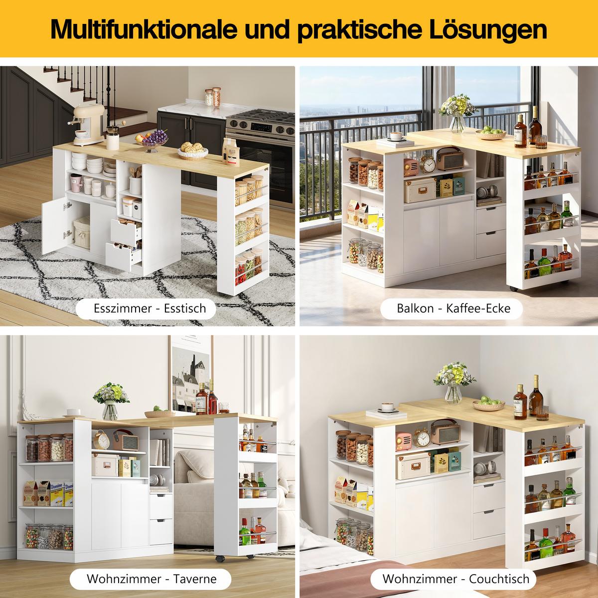 BARTISCH kücheninsel ausziehbar holzoptik stauraum - Weiß, Holzwerkstoff (50/115/92cm) - Urban Meuble
