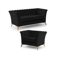 SITZGARNITUR 2+1 Chesterfield Whitby Schwarz Samt mit goldenen Füßen - Goldfarben/Schwarz, Holz/Textil (175/78/82cm) - S-Style Möbel