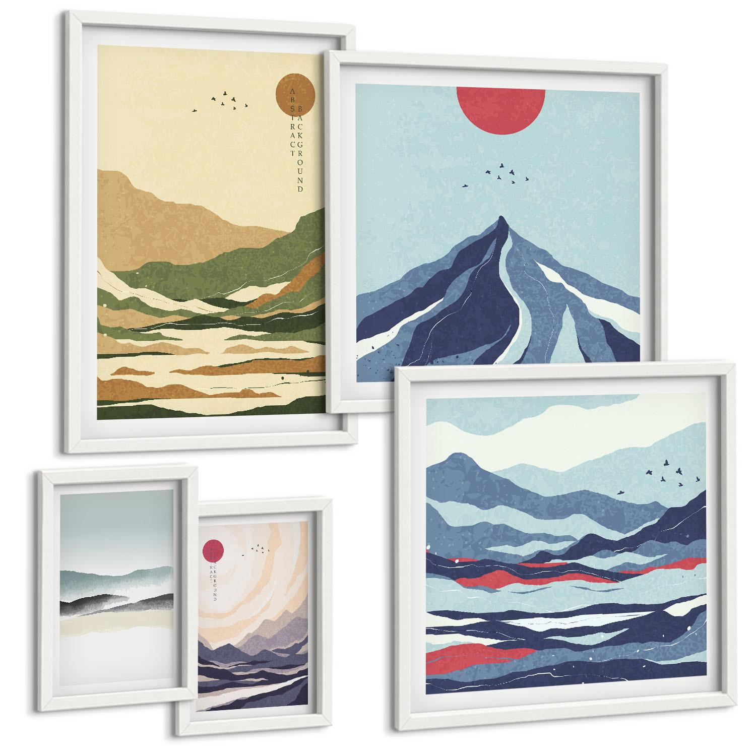 BILDER SET 5er Set - 50x50 cm & 20x30 cm & 40x60 cm Weißer Rahmen - Berge minimalistische Pastellfarben - Weiß, Kunststoff (40/60cm) - TULUP