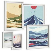 BILDER SET 5er Set - 50x50 cm & 20x30 cm & 40x60 cm Weißer Rahmen - Berge minimalistische Pastellfarben - Weiß, Kunststoff (40/60cm) - TULUP