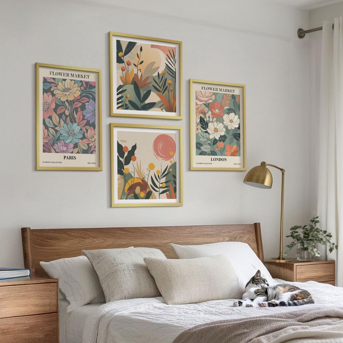 BILDER SET 4er Set - 50x50 cm & 40x60 cm Goldrahmen - Blumenposter Paris London - Goldfarben, Kunststoff (50/50cm) - TULUP