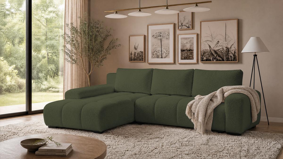 ECKSOFA Ovia mit Bettkasten und Schlaffunktion, Bouclé-Stoff in L-Form - Grün, Textil (270/185cm)