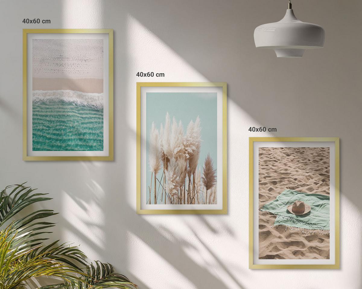 BILDER SET 3er Set - 40x60 cm Goldrahmen - Strandwellen Grashut - Goldfarben, Kunststoff (40/60cm) - TULUP