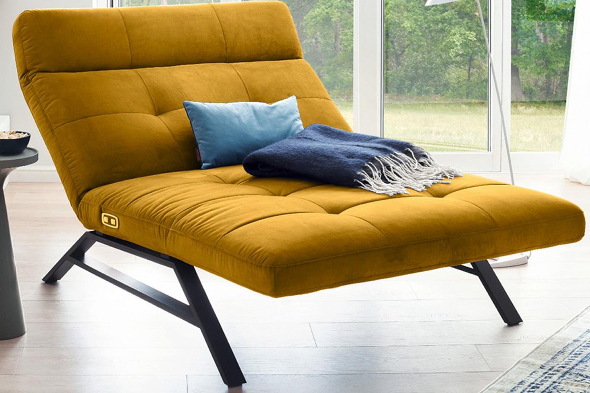 LIEGE MIT MOTORISCHER RELAXFUNKTION AMERIVA Gelb Velvet Relaxfunktion - Currygelb/Schwarz, Textil (120/110/158cm) - KAWOLA
