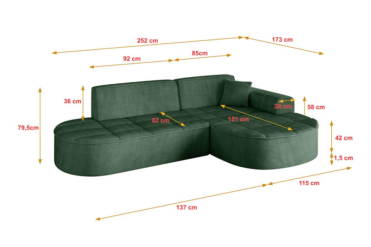 ECKSOFA Ottomane Rechts LIVO-L1 - 252x173x79,5 cm Grün - Grün, Holzwerkstoff/Textil (252/173cm) - ALTDECOR