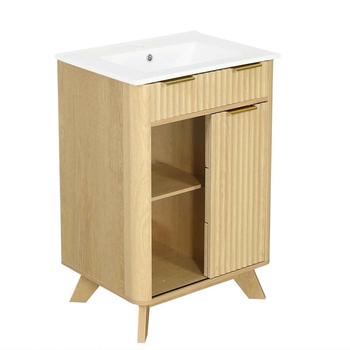 WASCHTISCHUNTERSCHRANK Holzoptik mit Wellenmuster, Schiebetür & 3 Schubladen - Naturfarben, Holzwerkstoff (61/90/47cm) - Urban Meuble