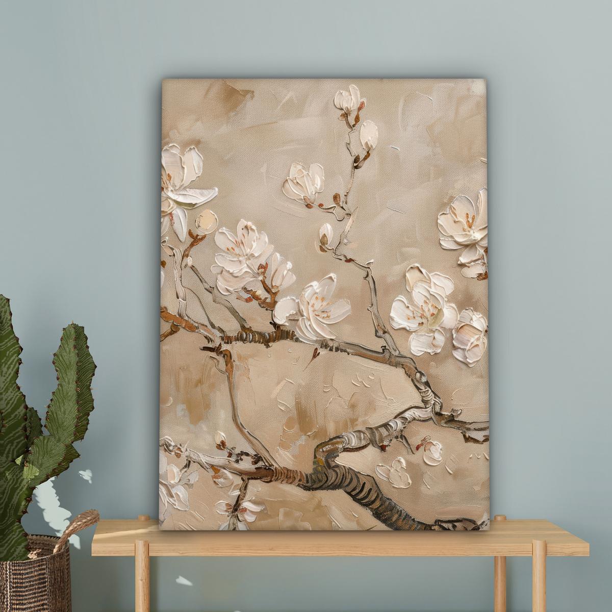 LEINWANDBILD Blumen - Modern - Beige - Weiß - Blüte Wandbild Wohnzimmer 60x80 cm - Beige, Textil (60/80cm) - MuchoWow