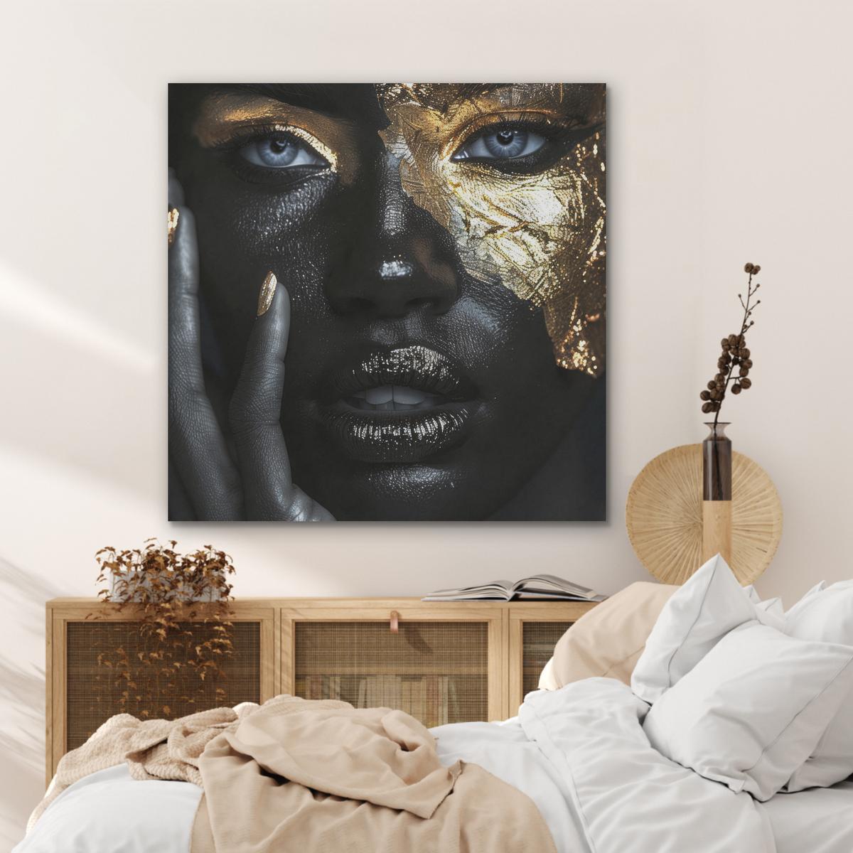 AKUSTIKBILD Frau - Gold - Porträt - Schwarz-Weiß - Luxus Akustikpaneele 90x90 cm - Hellblau, Kunststoff (90/90/0.9cm) - MuchoWow