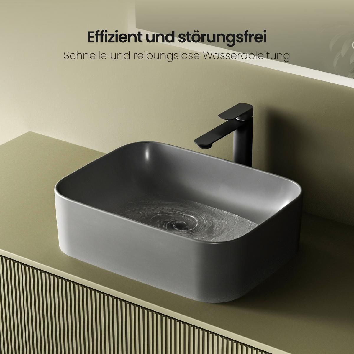 WASCHBECKEN Keramik Rechteck Abgerundete Matt Dunkelgrau 50,5 / 38 / 15 cm - Schwarz, Keramik (50.5/15/38cm) - EMKE