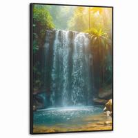LEINWAND Bilder mit Rahmen - Wasserfall - Dschungel - Sonne - Grün - Natur - 100x150 - Grün, Textil (100/150cm) - MuchoWow