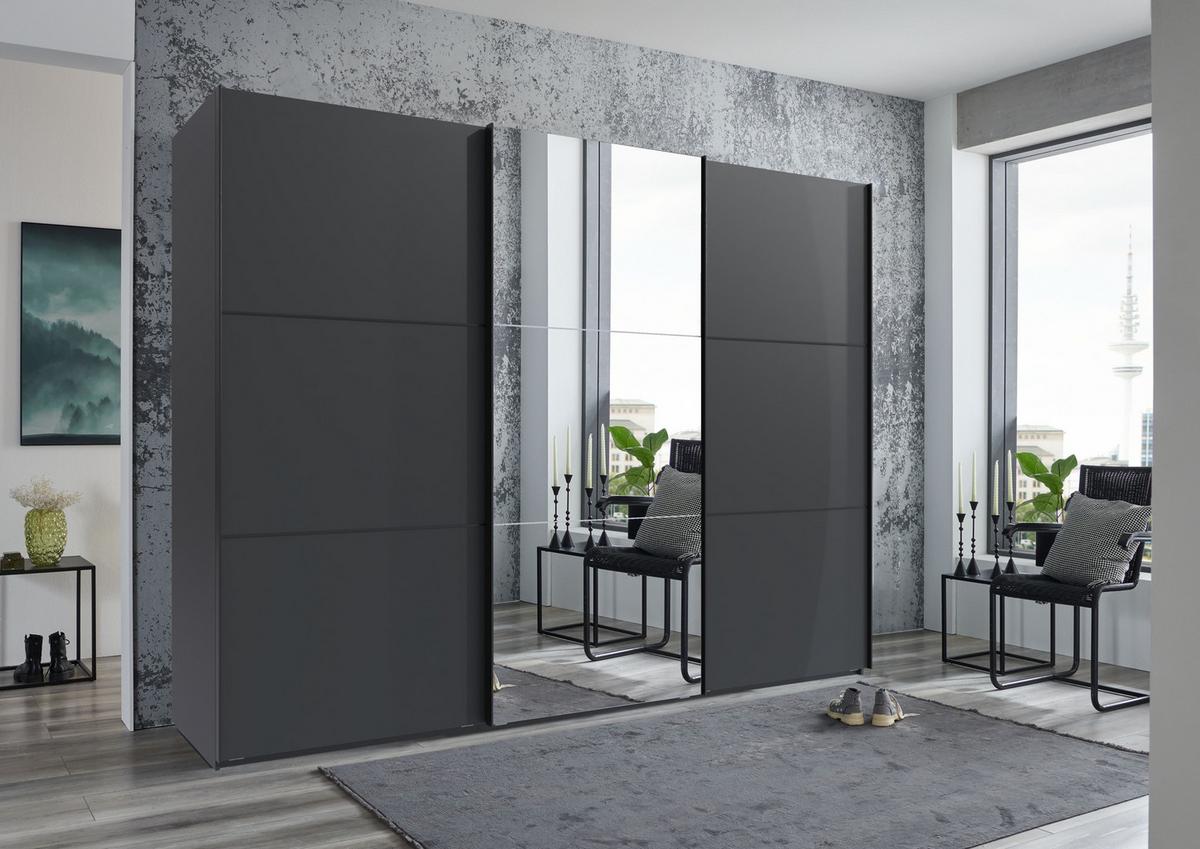 SCHWEBETÜRENSCHRANK 3-türig B300/H216/T65 cm in Anthrazit, eine Spiegeltür, Kleiderschrank inkl. Vollausstattung / 22021 - Anthrazit/Rot, Holzwerkstoff/Metall (300/216/65cm) - luma-home