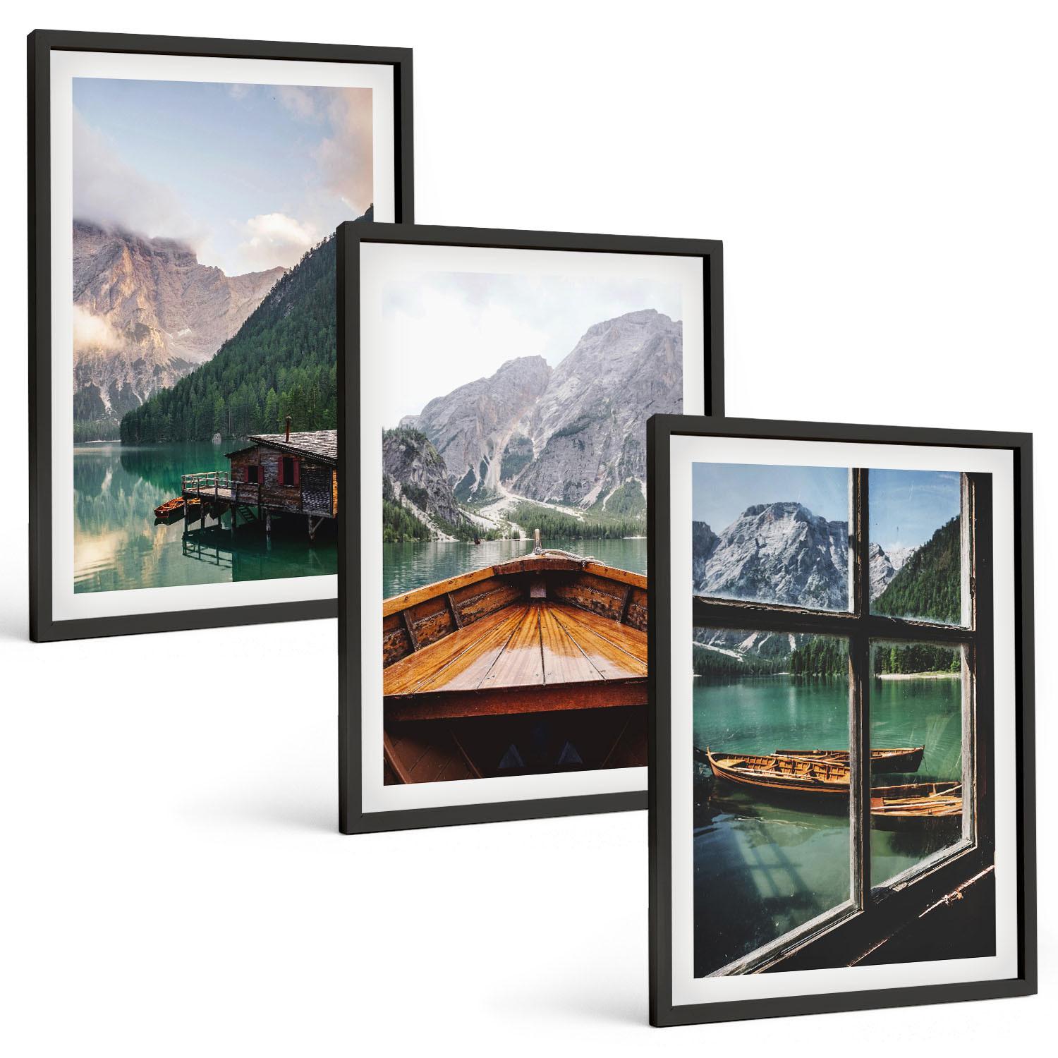 BILDER SET 3er Set - 40x60 cm Schwarzer Rahmen - Hütten am Bergsee Łódź - Schwarz, Kunststoff (40/60cm) - TULUP