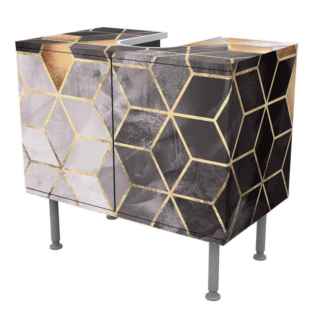 WASCHBECKENUNTERSCHRANK Schwarz Weiß goldene Geometrie 60/55/35 cm - Schwarz, Holzwerkstoff (60/55/35cm) - Bilderwelten