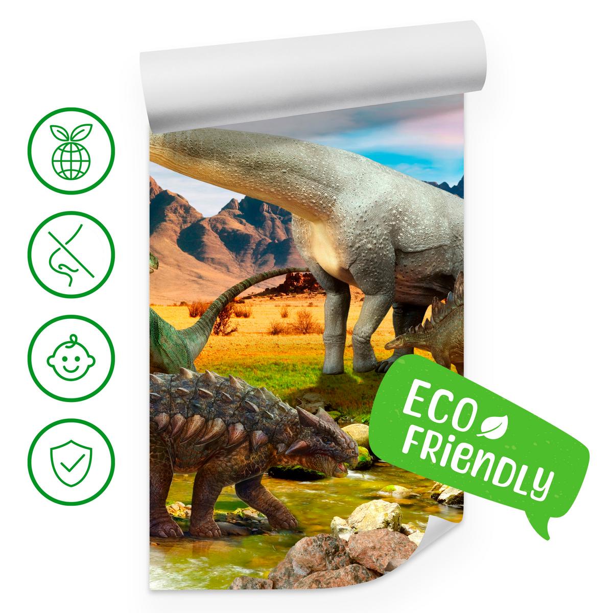 FOTOTAPETE für Kinderzimmer Dinosaurier Berge aus Felsen Bäume 100x70 - Multicolor, Papier (100/70cm) - Muralo