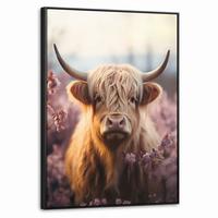 LEINWAND Bilder mit Rahmen - Schottischer Hochländer - Frühling - Hochland - 50x70 - Hellrosa, Textil (50/70cm) - MuchoWow