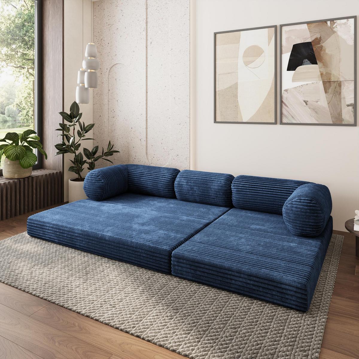 ECKSOFA ETERA modulares Boneless Sofa mit Schlaffunktion Blau Kordstoff - Blau, Textil (270/160cm) - MASSENO