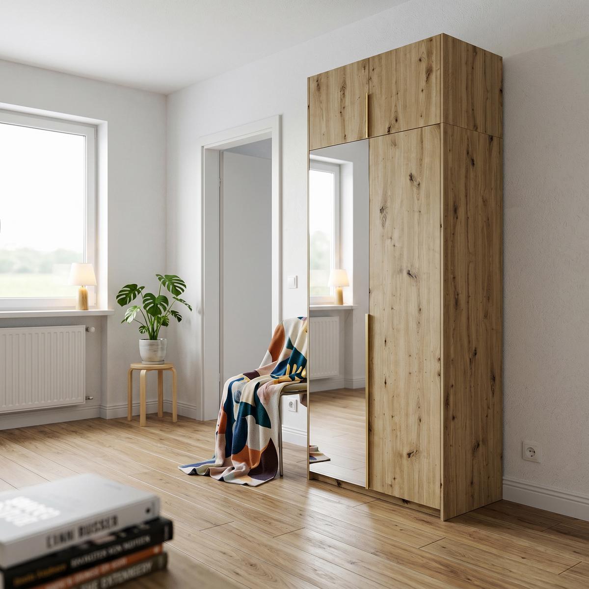 DREHTÜRENSCHRANK THALIA 100/250/58cm 2-türig mit Spiegel Eiche Artisan - Eiche Artisan, Holzwerkstoff (100/250/58cm) - MASSENO