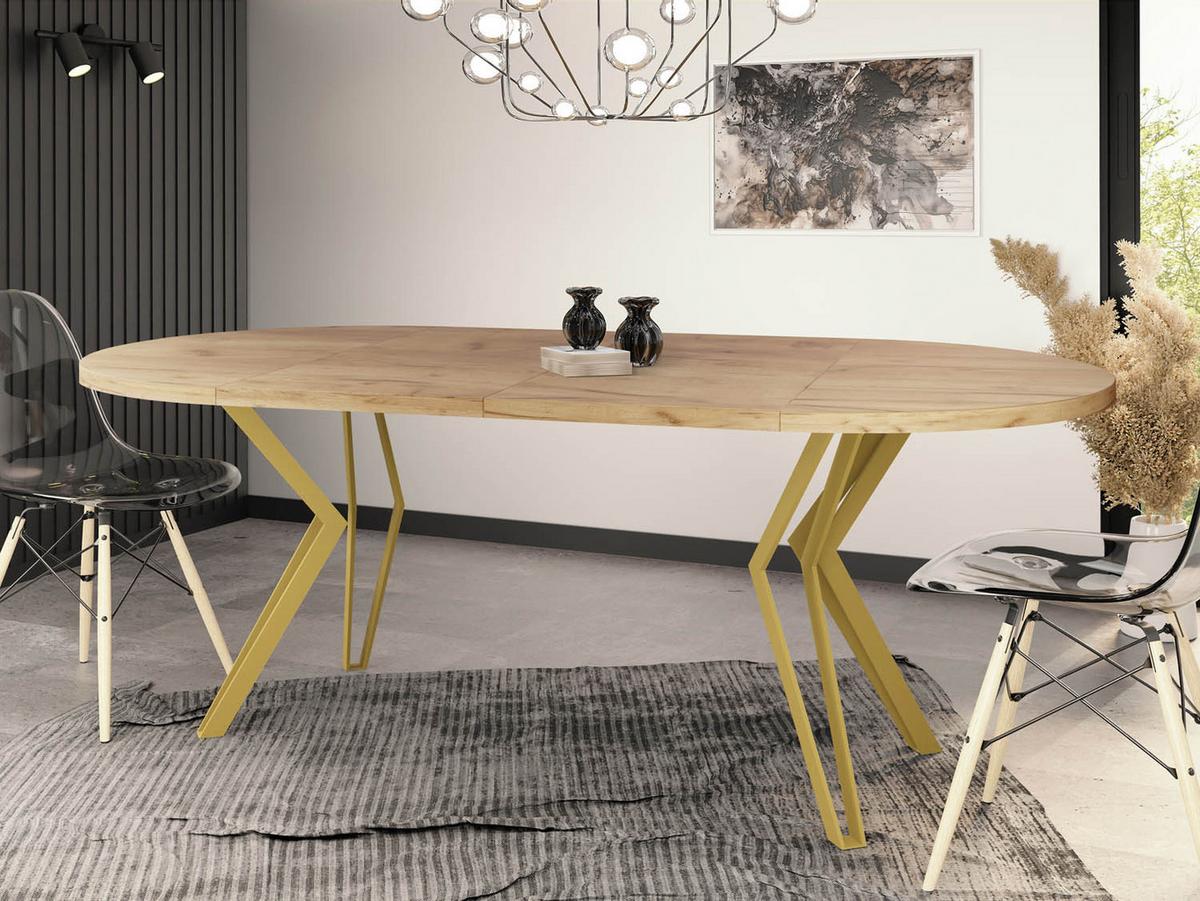 ESSTISCH Daisy runder ausziehbarer, Craft Eiche 100-180/100/76 cm - Eiche Wotan/Goldfarben, Holzwerkstoff/Metall (100/180/76cm) - WFL GROUP