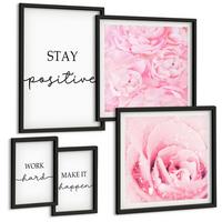 BILDER SET 5er Set - 50x50 cm & 20x30 cm & 40x60 cm Schwarzer Rahmen - Minimalistische rosa Blüten - Schwarz, Kunststoff (40/60cm) - TULUP