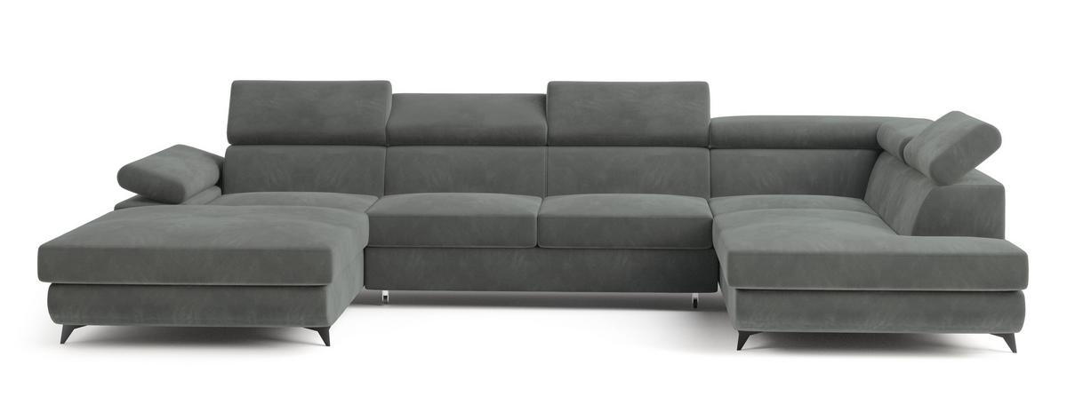 WOHNLANDSCHAFT RUBANO R-S Grau Velours-Stoff mit Schlaffunktion - Grau, Holz (339/89/190cm) - MASSENO
