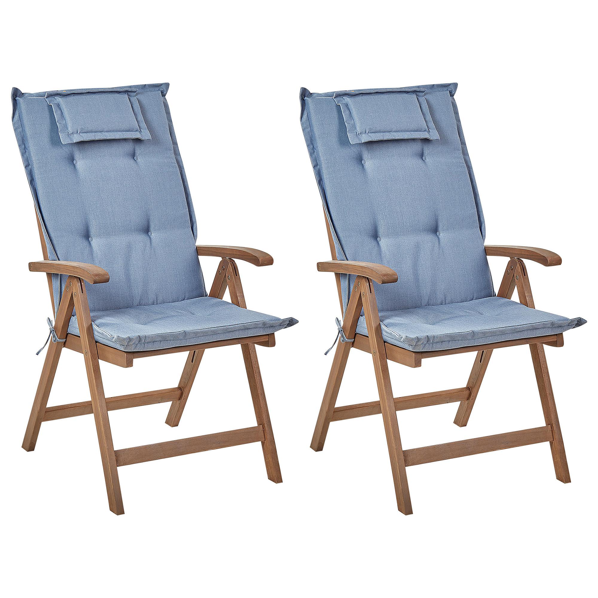 GARTENSTUHL 2er-Set Akazienholz dunkelbraun Auflagen blau Amantea - Blau/Dunkelbraun, Holz (54/105/69cm) - Beliani