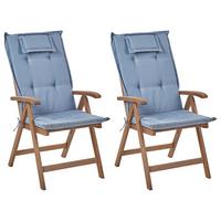 GARTENSTUHL 2er-Set Akazienholz dunkelbraun Auflagen blau Amantea - Blau/Dunkelbraun, Holz (54/105/69cm) - Beliani