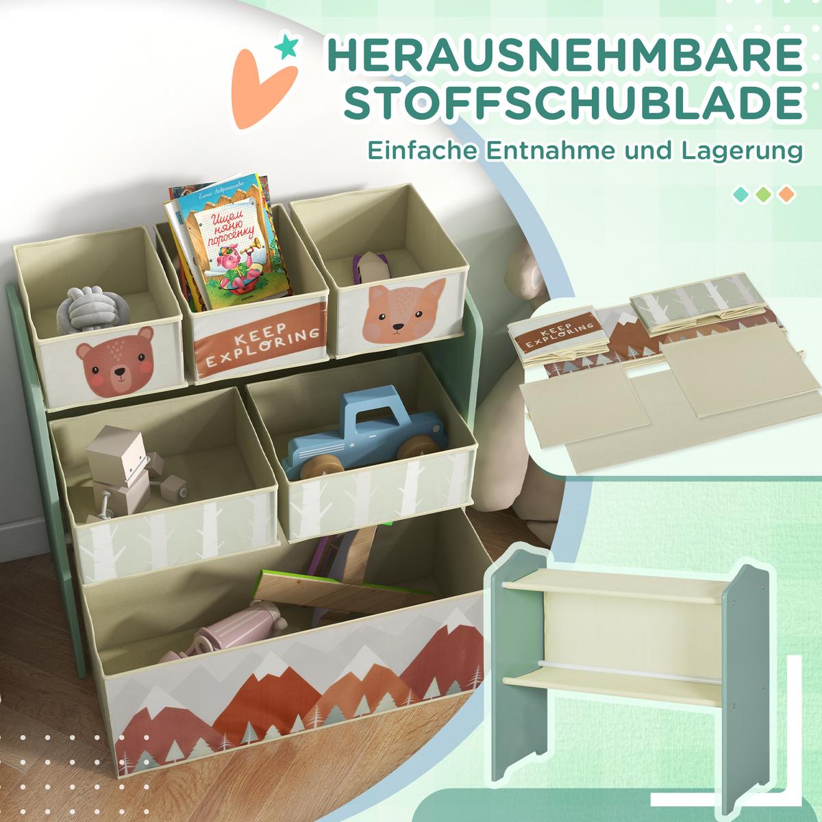 KINDERREGAL Spielzeugregal mit 6 herausnehmbare Boxen aus Vliesstoff, Grün - Grün, Holzwerkstoff (30/66/63cm) - ZONEKIZ