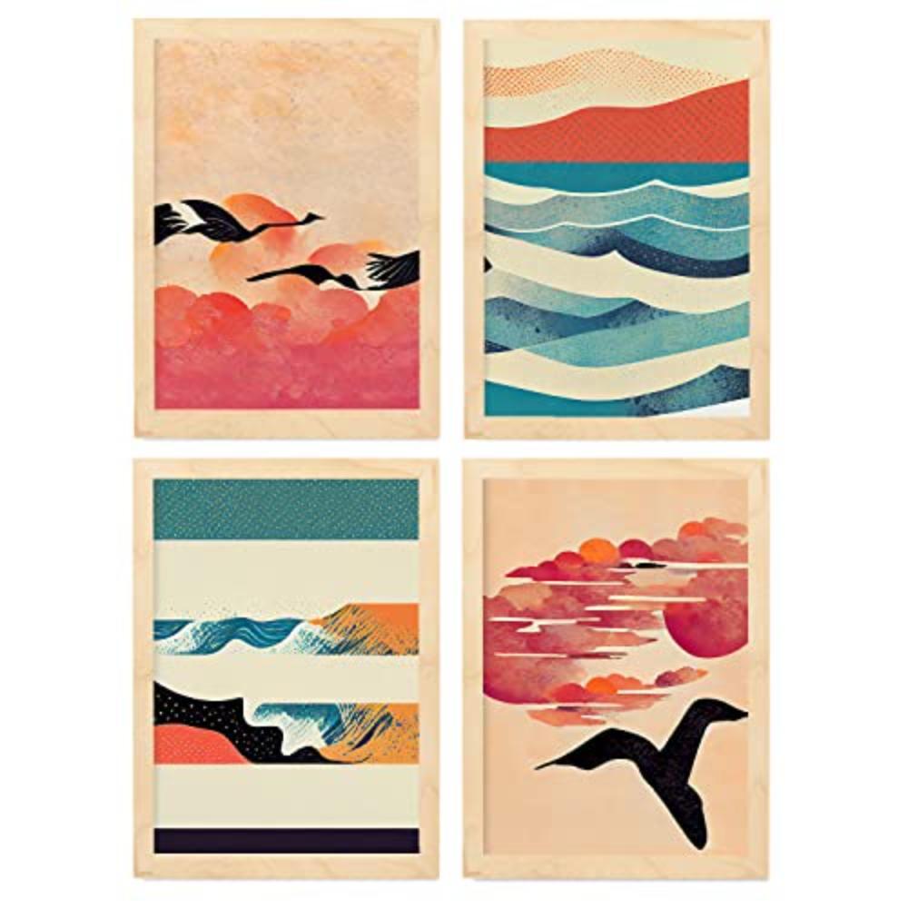 POSTER Set mit 4 Vogel im Abstrakt Moderne Galaxien A4 Rahmen aus hellem Holz - Beige, Papier (29.7/3cm) - Nacnic