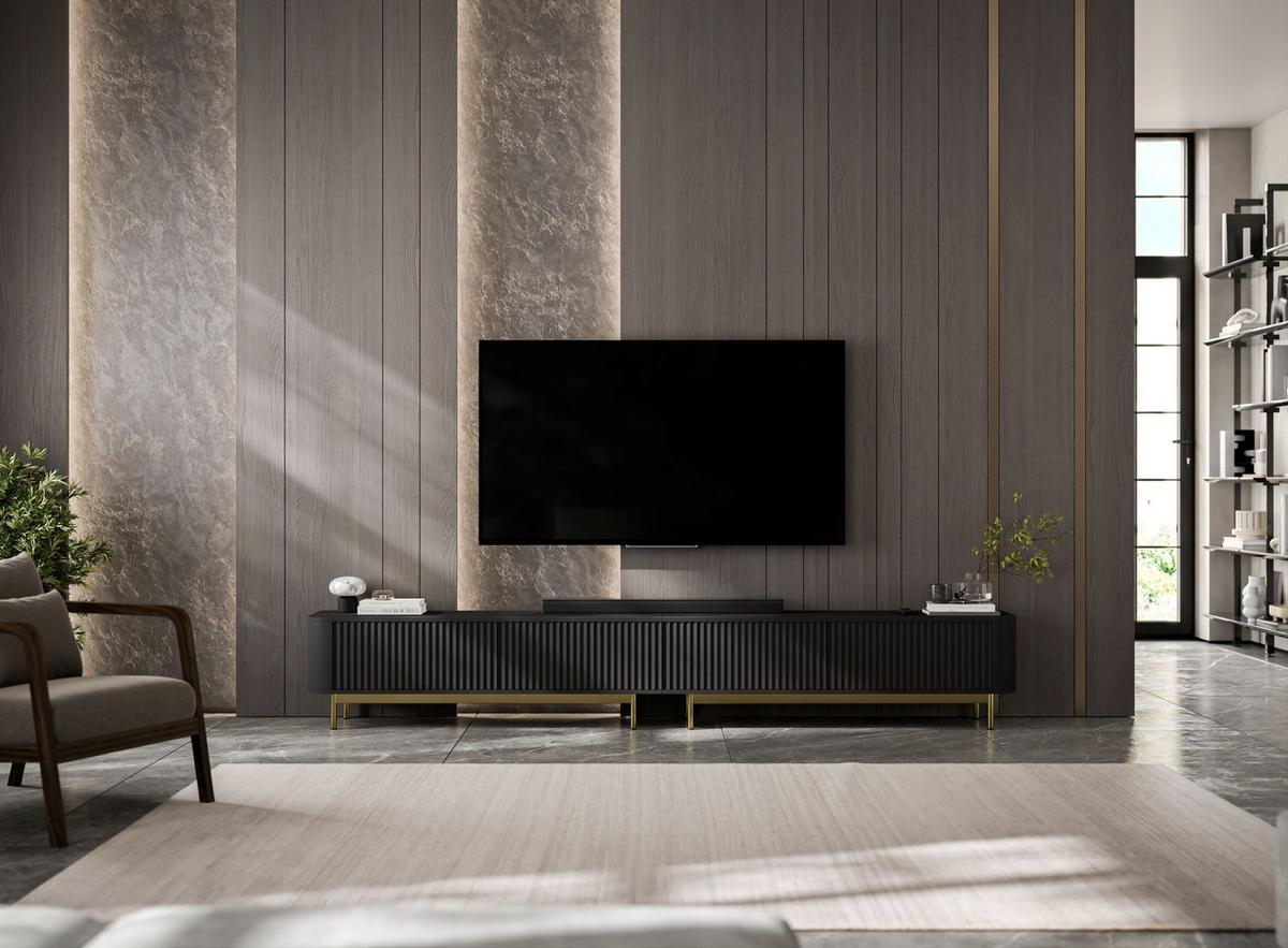 TV-LOWBOARD 2er-Set Aurora Schwarz matt 280 cm mit Metallrahmen - Goldfarben/Schwarz, Holzwerkstoff/Metall (280/44/35cm) - Meble Lindner