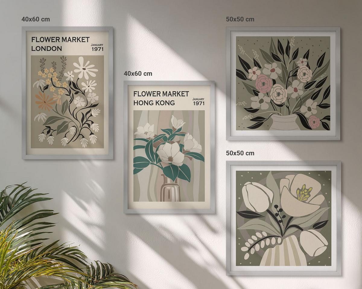BILDER SET 4er Set - 50x50 cm & 40x60 cm Silberner Rahmen - Blumenillustrationen London Hongkong - Silberfarben, Kunststoff (50/50cm) - TULUP