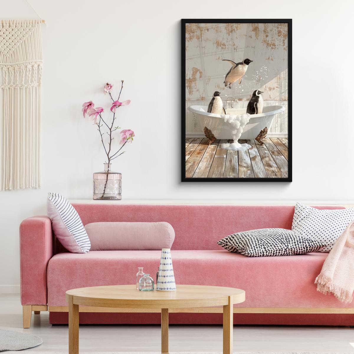 POSTER MIT RAHMENGERAHMTES BILD Vintage - Pinguin - Badewanne - Schaumstoff 60x90 cm - Schwarz, Papier (60/90cm) - MuchoWow