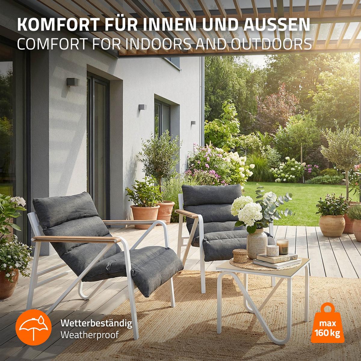 GARTENMÖBEL Set 3 tlg Weiß-Grau mit Stahlgestell - Anthrazit/Weiß, Textil/Metall - ML-DESIGN