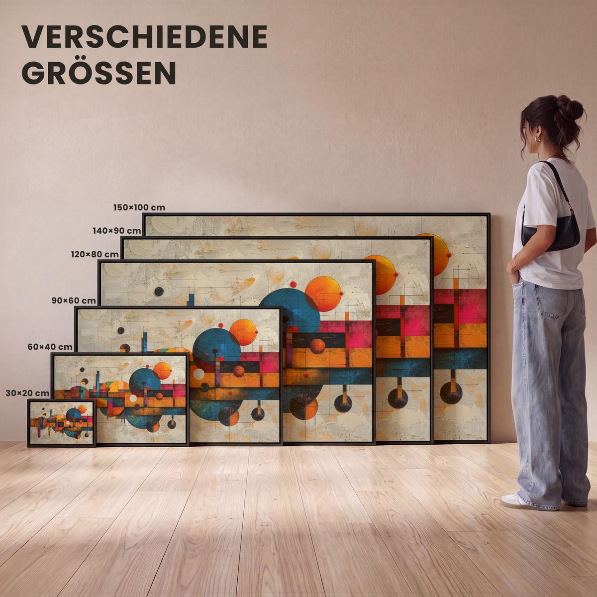 LEINWAND Bilder mit Rahmen - Vintage - Moderne Kunst - Orange - Geometrische Formen - 90x60 - Multicolor, Textil (90/60cm) - MuchoWow