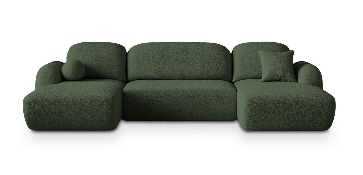 WOHNLANDSCHAFT SAVONA N Grün Boucle-Stoff mit Schlaffunktion - Schwarz/Grün, Holz/Kunststoff (320/90/148cm) - MASSENO