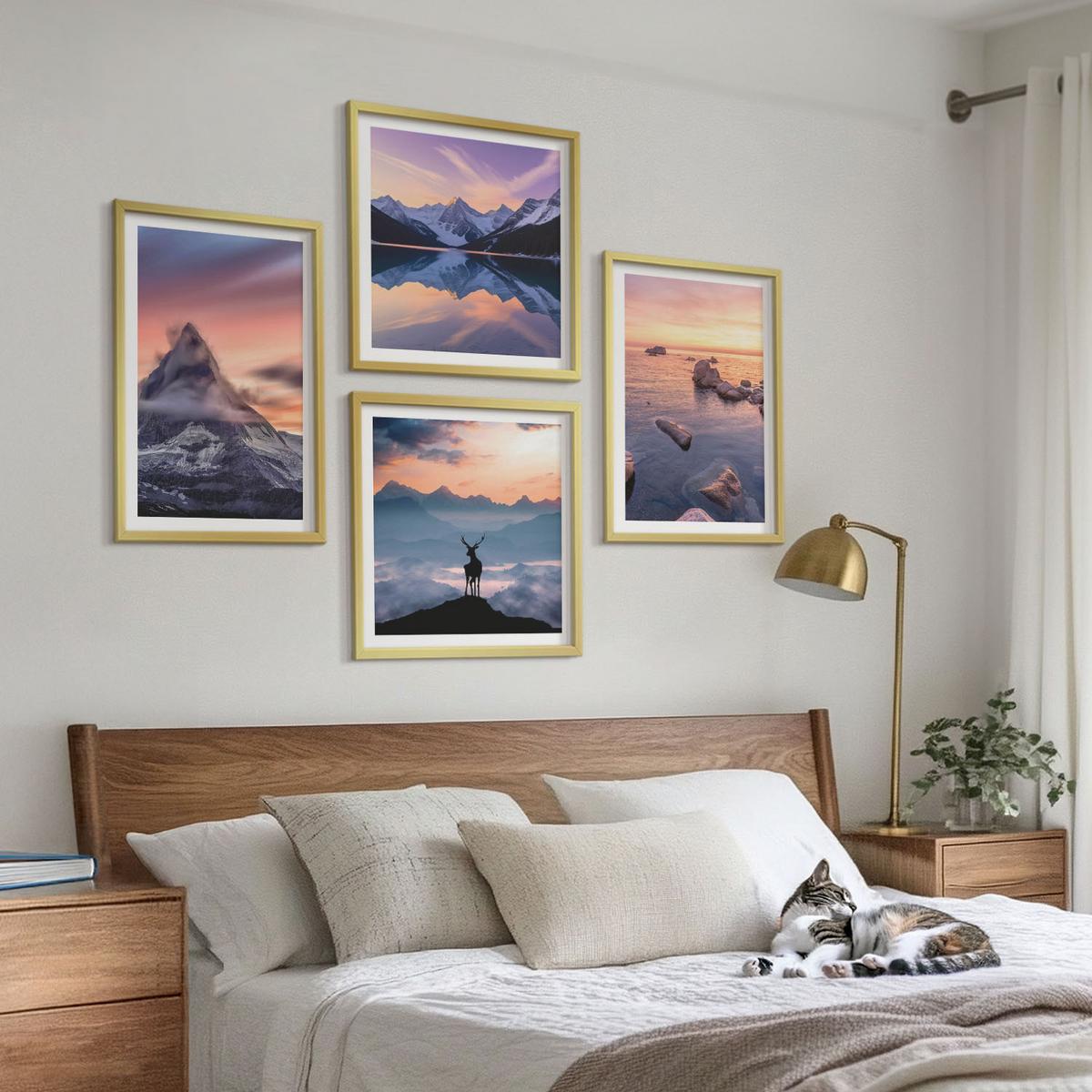 BILDER SET 4er Set - 50x50 cm & 40x60 cm Goldrahmen - Landschaften Berge Seen jelen - Goldfarben, Kunststoff (50/50cm) - TULUP