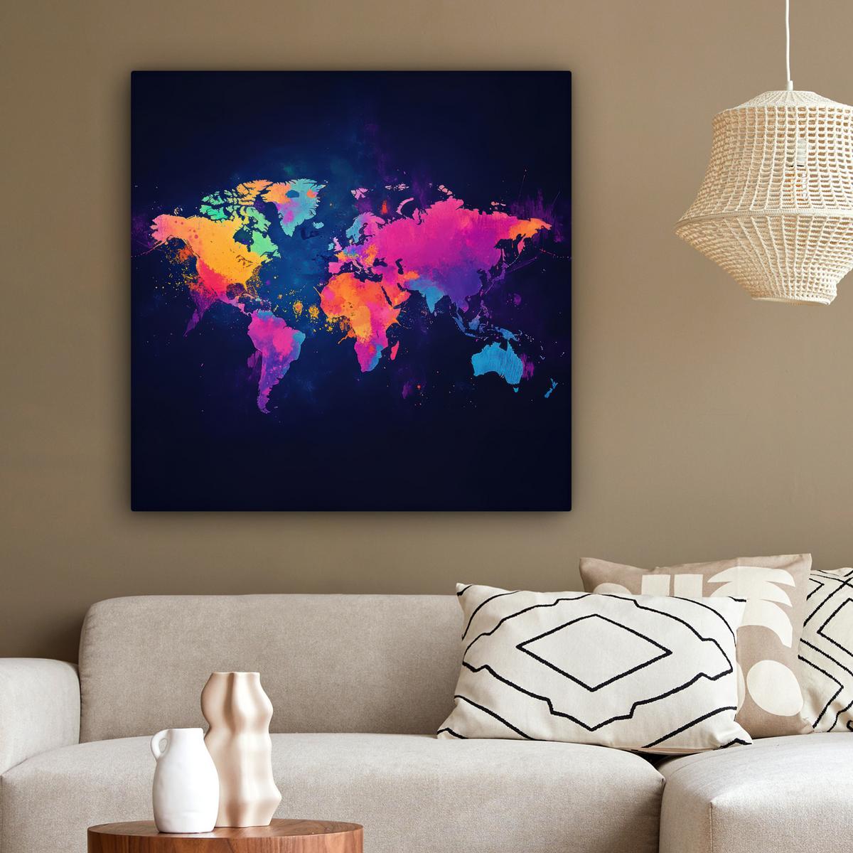 LEINWANDBILD Weltkarte - Bunt - Graffiti Deko Groß 90x90 cm - Multicolor, Textil (90/90cm) - MuchoWow