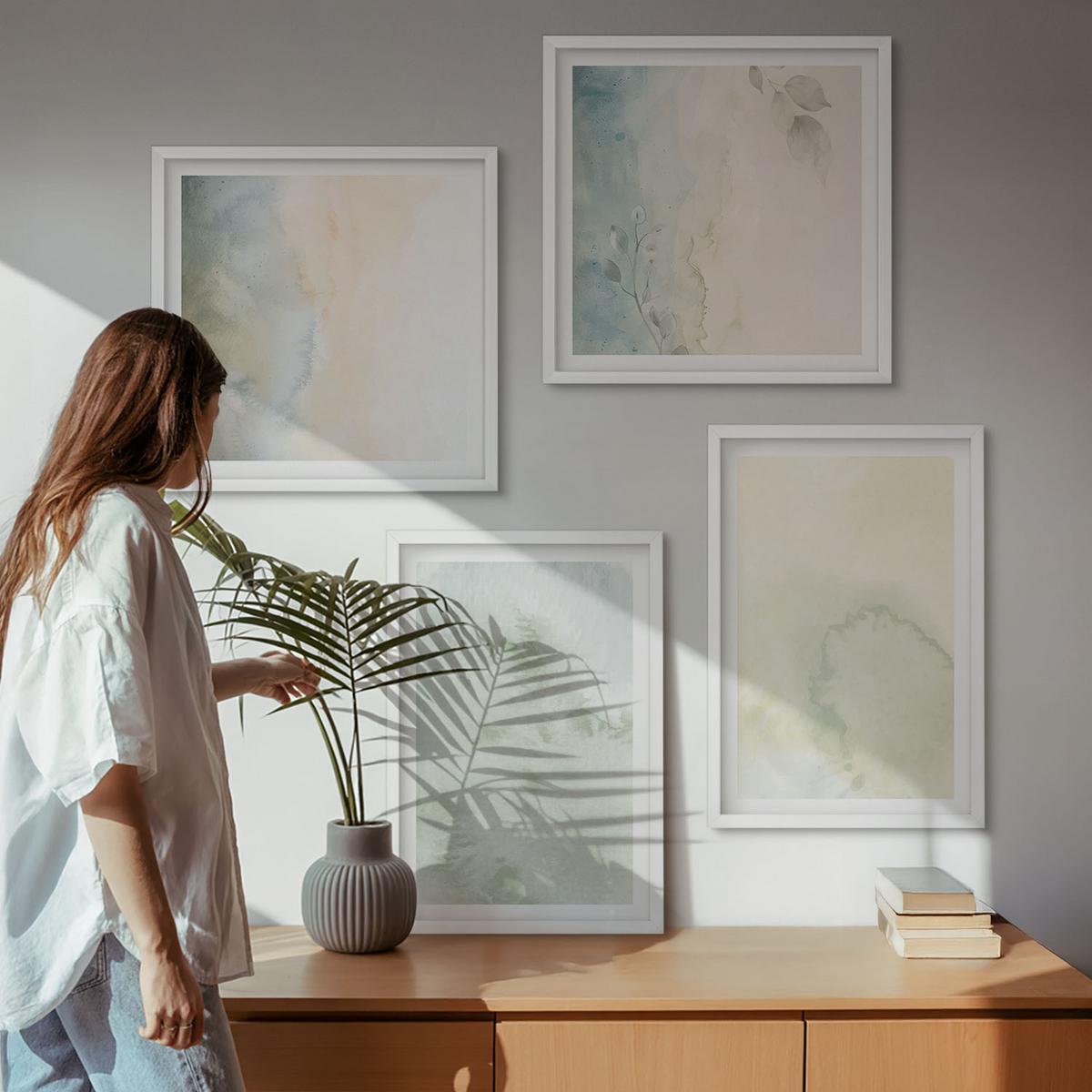 BILDER SET 4er Set - 50x50 cm & 40x60 cm Weißer Rahmen - Pastellfarbene Aquarell-Leinwandtextur - Weiß, Kunststoff (50/50cm) - TULUP