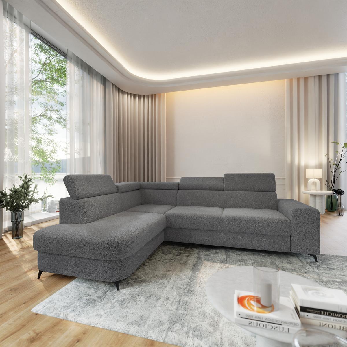 ECKSOFA ALVORO L-S Grau Boucle-Stoff mit Schlaffunktion - Grau, Holz (253/190cm) - MASSENO