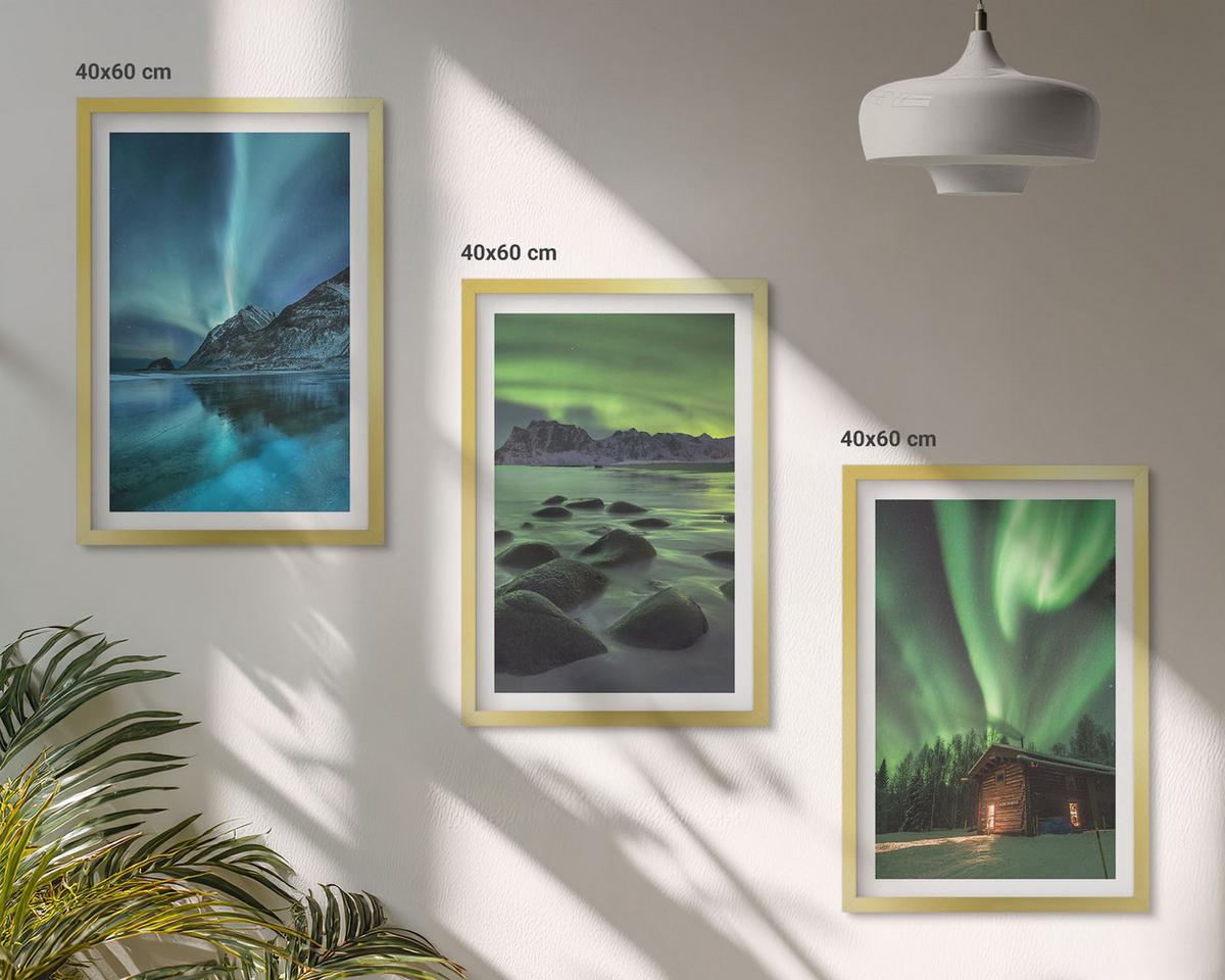 BILDER SET 3er Set - 40x60 cm Goldrahmen - Winterlandschaften, Nordlichter, Berge - Goldfarben, Kunststoff (40/60cm) - TULUP
