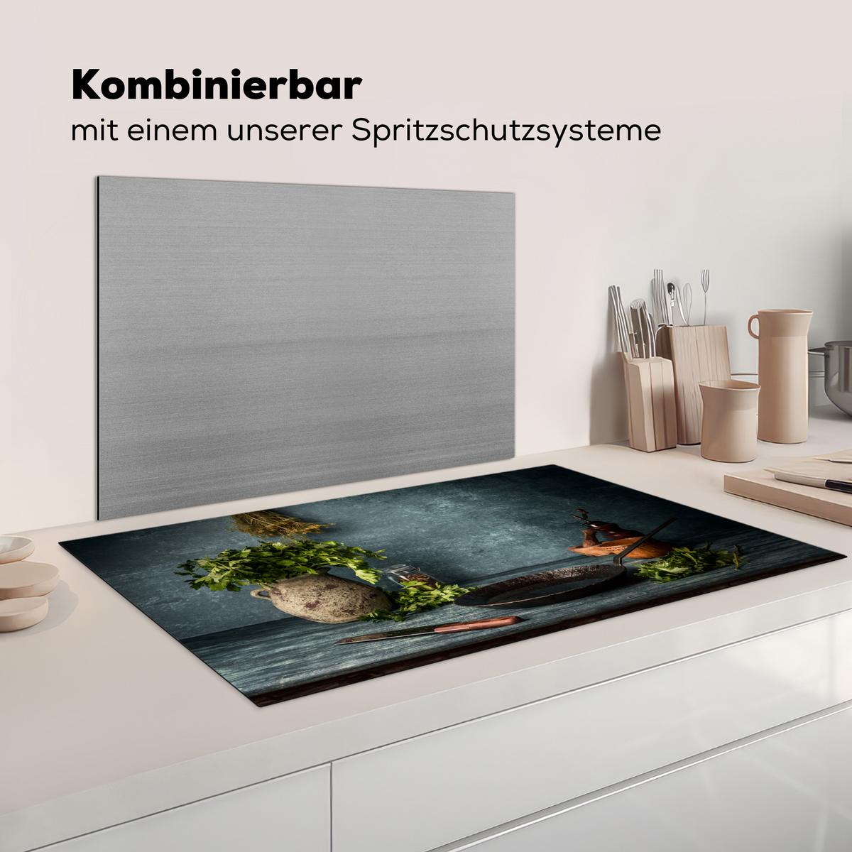 HERDABDECKPLATTE Kräuter - Gewürze - Pfanne - Messer - Grau - Rustikal Induktionsschutz 91.6x52.7 cm - Petrol, Kunststoff (91.6/52.7/0.2cm) - MuchoWow