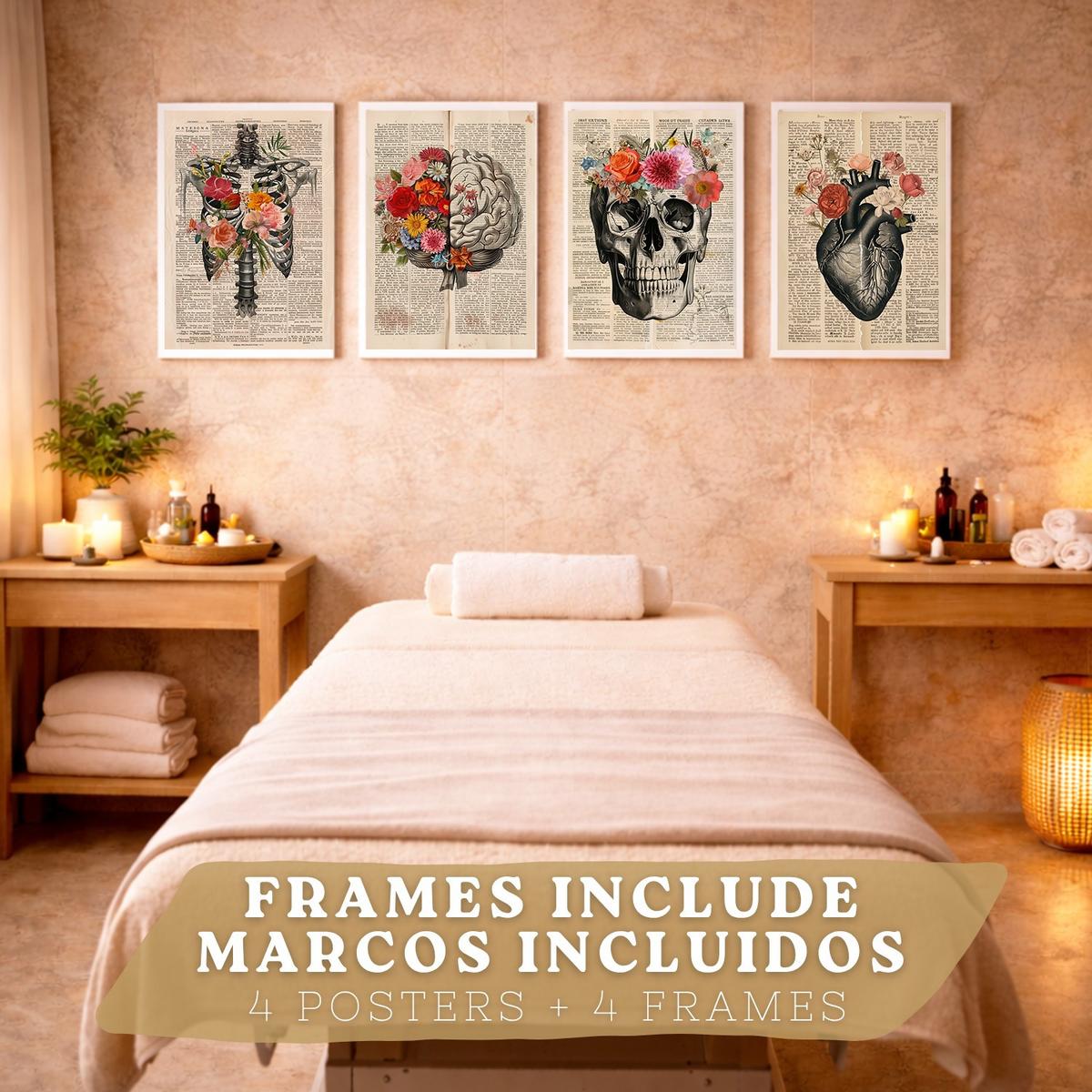 POSTER Set aus 4 Vintage Anatomie Drucke und Wandbilder mit Herz Schädel Skelett und Gehirn Collage Stil Wanddekoration Größe Weißer Rahmen A4 - Weiß, Papier (21/29.7/3cm) - Nacnic