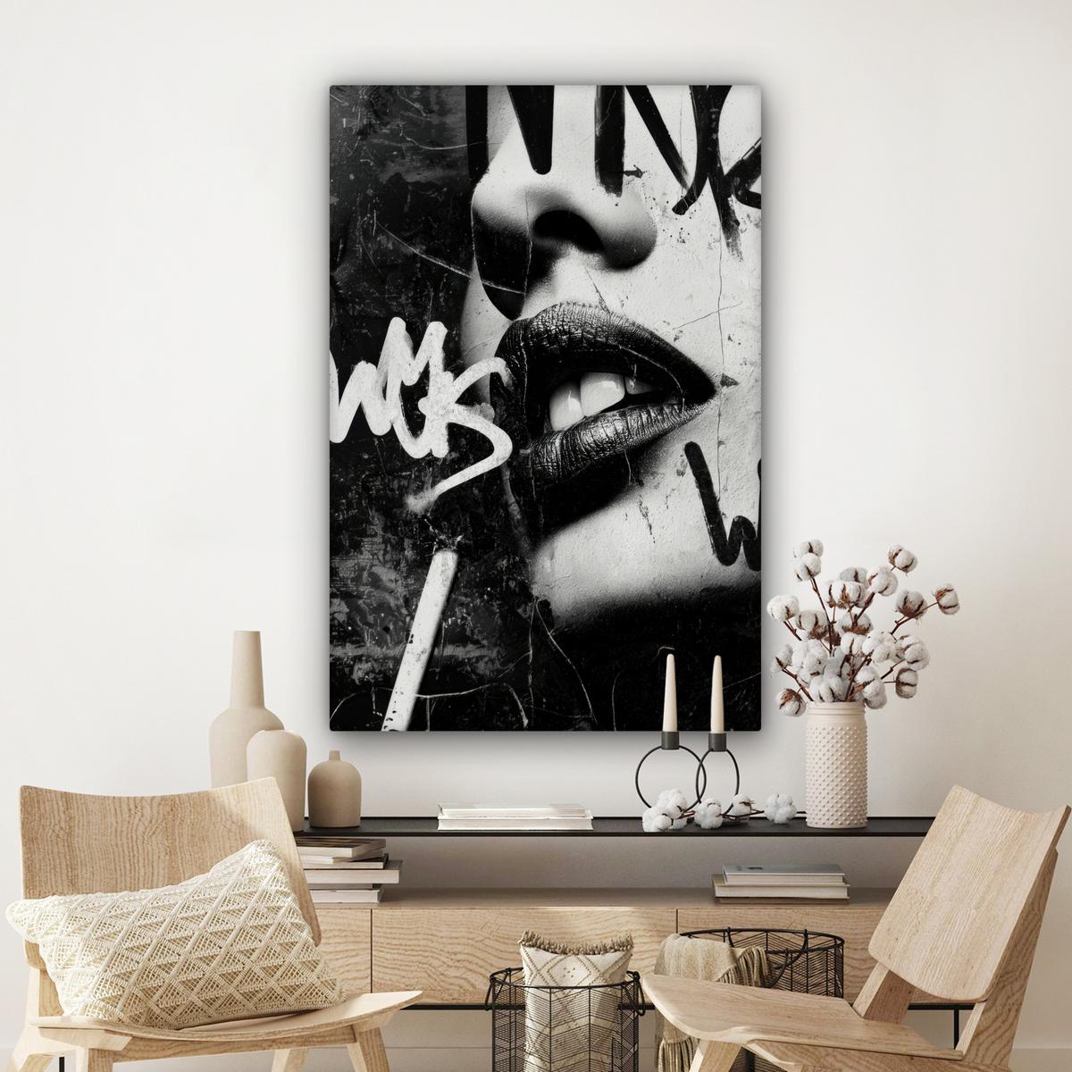 LEINWANDBILD Gesicht - Mund - Graffiti - Schwarz Deko Groß 90x140 cm - Schwarz, Textil (90/140cm) - MuchoWow