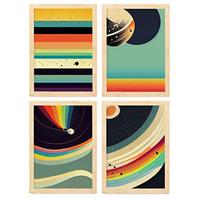 POSTER Set mit 4 Abstrakt Kugel Moderne Galaxien A4 Rahmen aus hellem Holz - Beige, Papier (29.7/3cm) - Nacnic